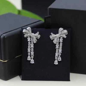4Ct Round Real Moissanite Bow Knot Dangle Earrings 14K White Gold Plated Silver - Picture 1 of 9