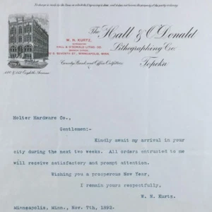 Antique Illustrated Letterhead The Hall And O'Donald Litho Co Topeka KS 1892 - Picture 1 of 4