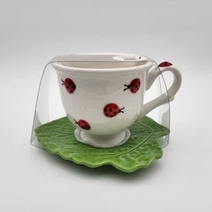 Lang By Design Ladybug 8oz Coffee Tea Mug W/ Leaf Saucer Hand Painted Cute!! - Picture 1 of 1