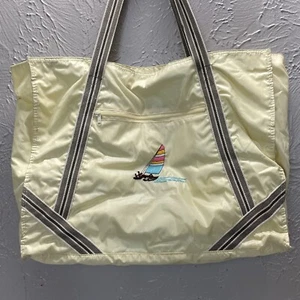 Ralfeaux Nylon Tote Shopping Travel Bag Beige Cream Embroidered Sail Boat Vtg - Picture 1 of 5