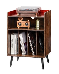 3-Tier Record Player with LED Light & USB Ports Wooden Vinyl Shelf Brown - Picture 1 of 12