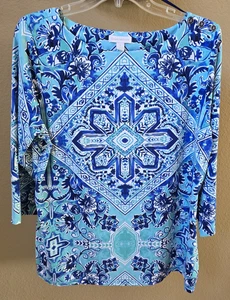 Charter Club Sz L Blue Geometric 3/4 Sleeve Nylon Top Long Style - Picture 1 of 7