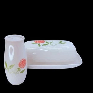 Vintage 1950’s Franciscan Pink A Dilly Lidded Butter Dish & Salt Shaker Covered - Picture 1 of 8