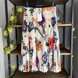 Reiss Mya Pleated Midi Skirt 12 Ivory Mix Iguana Floral Print New with Tags - Picture 1 of 8