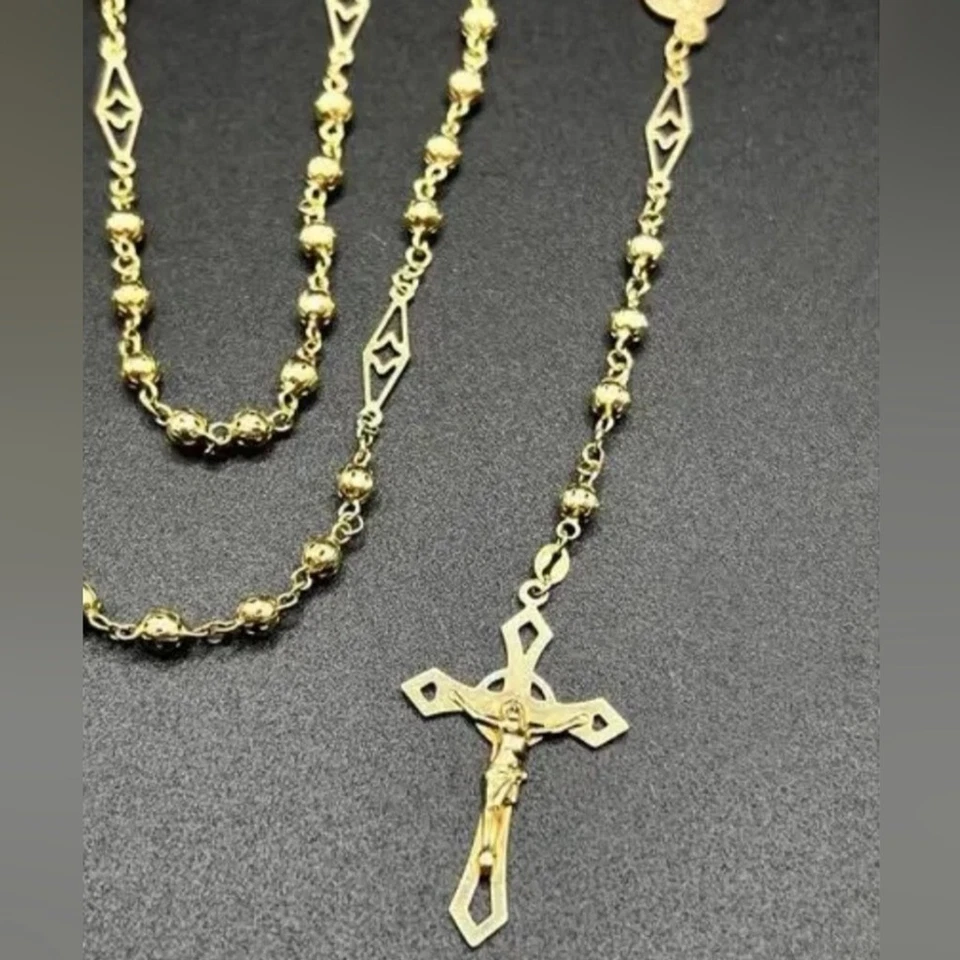 Solid 14K Yellow Gold Beaded Rosary Necklace weighs 12.56 Grams Brand new - Image 1 of 4
