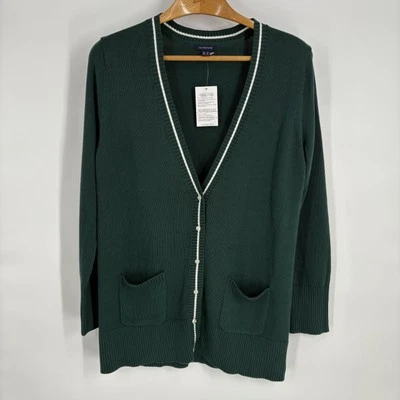 Lands End Cardigan Sweater Womens XL Green Button Front Pockets 100% Cotton Knit - Image 1 of 4