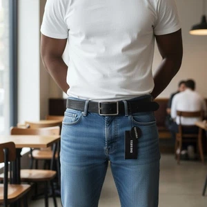 Diesel B-Photo Herrengürtel 95 CM Schwarzes Leder Silberfarben Schnalle Wende - Bild 1 von 9