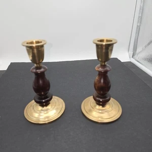 Vintage MCM Wood and Brass Candle Holders 5 3/4" Tall Set of 2 - Picture 1 of 6