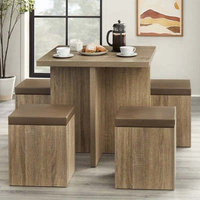 Modern Kitchen 5‑Pc Dining Set, Table, Storage Ottomans and Padded Chairs, Taupe - Image 1 of 4