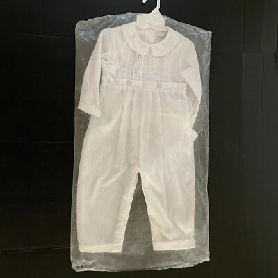 Petit Ami Boys Christening Baptism Outfit 24 Mon White Coverall Bonnet Set Tucks - Image 1 of 4