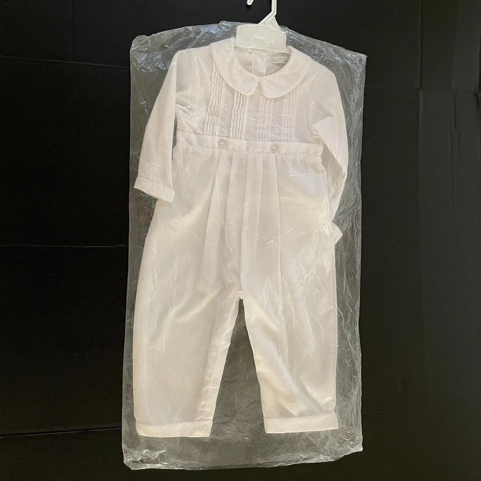 Petit Ami Boys Christening Baptism Outfit 24 Mon White Coverall Bonnet Set Tucks - Image 1 of 4