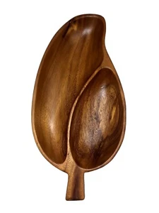 Vtg MCM Genuine Monkey Pod Serving Bowl Wood Leaf Shape 2 Divided Tray - Picture 1 of 3