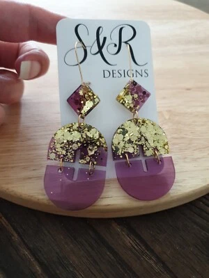 New Purple and Gold Arch Dangle Earrings, Handmade Resin Earrings  - image 1 of 4