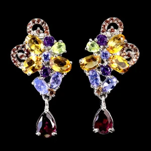 925 Sterling Silver Earrings Pear Rhodolite Garnet Tanzanite Gemstone Jewelry - Picture 1 of 14
