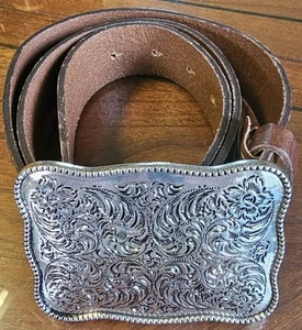 ZARA Brown Leather Belt - square Buckle - Size M/L - 37" Long - Picture 1 of 4