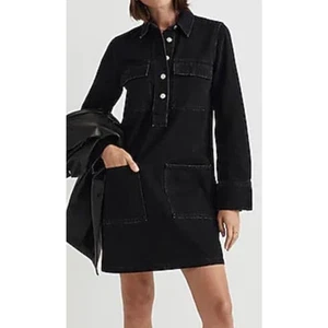 Madewell Popover Mini Patch Pocket Clean Black Denim Shirtdress US Women's S New - Picture 1 of 6