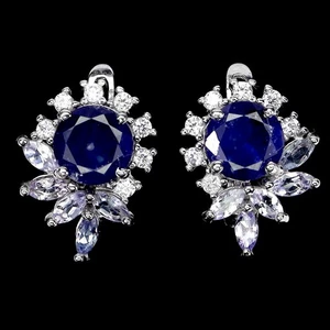 Pendientes de plata de ley 925 redondos zafiro azul 7 mm joyas de piedras preciosas de tanzanita - Imagen 1 de 14