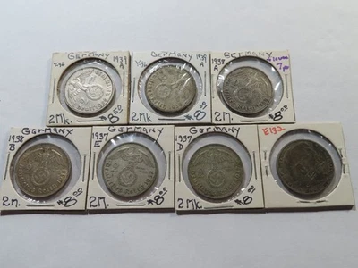 E132 Alemania Tercer Reich 1937-1939 Plata Hindenburg 2 Marcas Grupo 7 piezas Foto 1 de 2