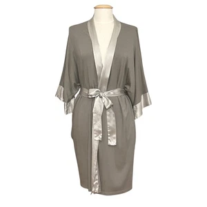 PJ Harlow Womens Robe M/L Shala Gray Satin Trimmed Kimono Cozy Bath Loungewear - Picture 1 of 12