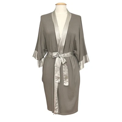 PJ Harlow Womens Robe M/L Shala Gray Satin Trimmed Kimono Cozy Bath Loungewear - Image 1 of 4