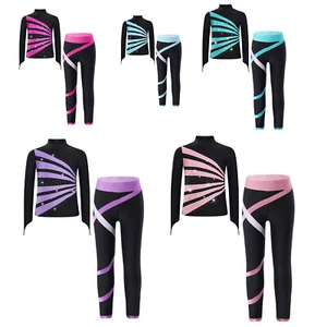 Kids Girls Set Shiny Tracksuit Long Sleeve Outfit Child Leggings Patchwork Tops - Picture 1 of 63