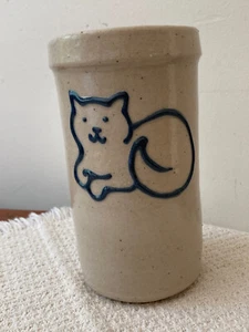 Studio Art Pottery Spoon Jar with Raised Relief Blue Cat Signed Excellent 6.25"T - Picture 1 of 9