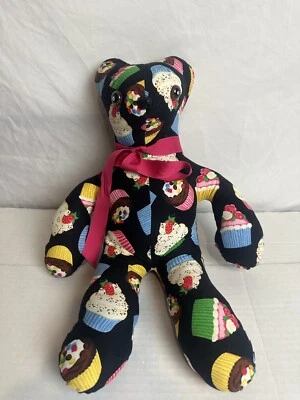 handmade children’s teddy bear 18 X 12” Let’s Play cup cakes  Pink Bow - Image 1 of 4