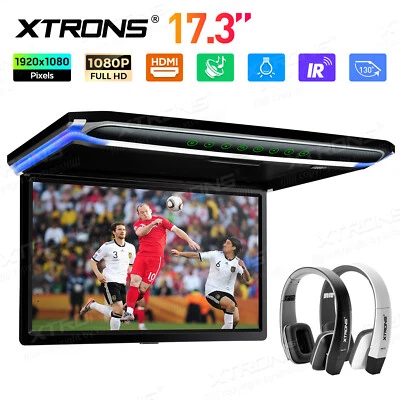 XTRONS 17.3" FHD Screen Car Roof Mounted Monitor HDMI Player 1080P TV + Headsets - Image 1 of 4