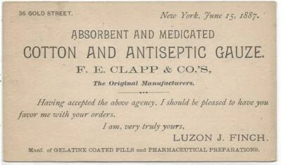 1887 POSTAL CARD ADVERTISING F. E. CLAPP & CO.'S COTTON AND ANTISEPTIC GAUZE - Image 1 of 2