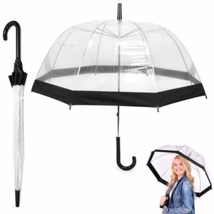Clear Bubble Umbrella Adults Girls Long Stick Rain See Through Dome Black Trim - Picture 1 of 1