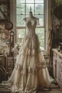 Vestido de novia medieval vintage con volantes en niveles línea A vestidos de novia largos novia - Imagen 1 de 8