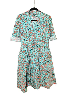 J. PETERMAN Dress Size 6 Turquoise Red Floral Cotton Pockets 1947 Retro - Picture 1 of 8