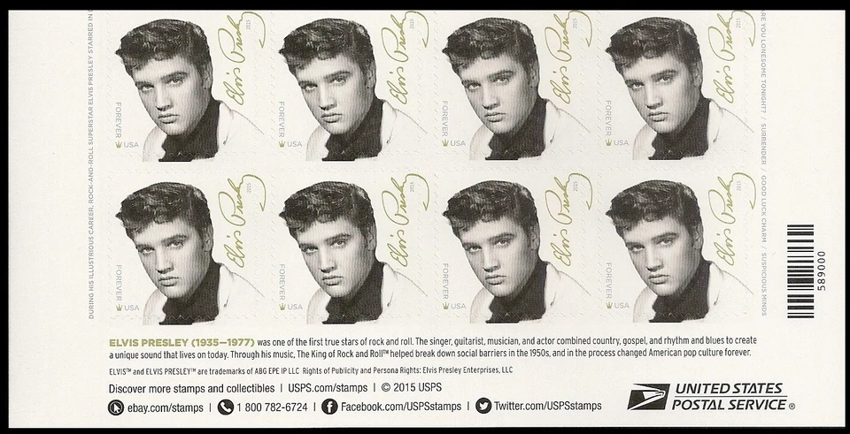 US 5009 Music Icons Elvis Presley F footer block 8 MNH 2015 - Image 1 of 1