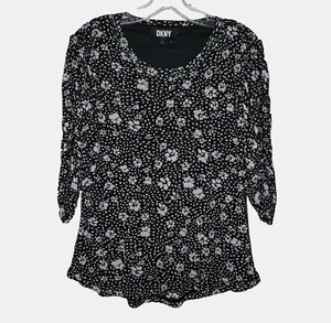 DKNY Floral Ruched Sleeve Top Women's L Black White Lined Stretch 3/4 Sleeve NWT - Picture 1 of 16