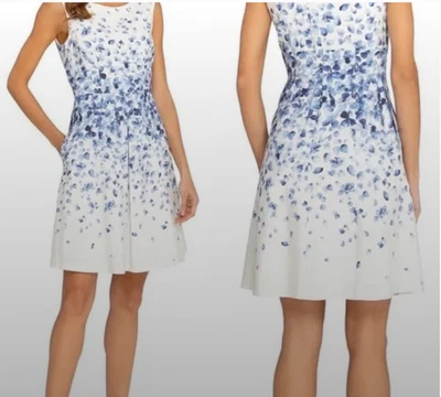 Vestido Tahari Arthur S. Levine Azul y Blanco Estampado Floral Sin Mangas 8P Usado en Excelente Condición Foto 1 de 4