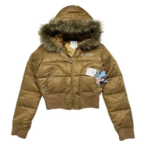 House of Dereon Puffer Jacket Womens M Gold Cropped Fur Hood Down Y2K Deadstock - Picture 1 of 13