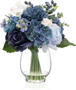 WELL KNOWN Fake Flowers in Vase with Fake Water, Realistic Faux Silk Blue Rose H - Picture 1 of 12