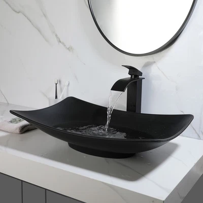 Black Bathroom Rectangle Vessel Sink Set Vanity Basin Pop Up Drain Waterfall Tap - Image 1 of 4