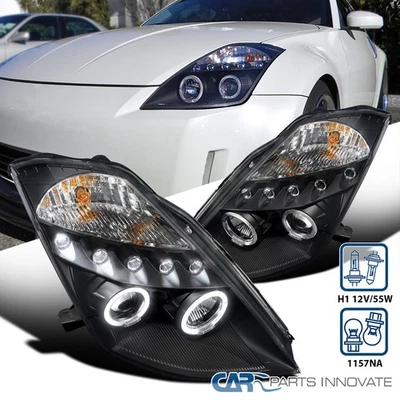 Black Fits 2003-2005 Nissan 350Z LED Strip Halo Projector Headlights Head Lamps - Image 1 of 4