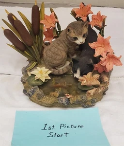 Lenox 2001 Afternoon Amazement Resin Cat Figurine Black & Gray Cats by Fish Pond - Picture 1 of 12