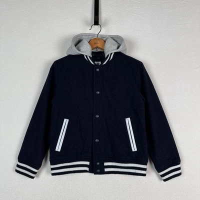 Chaqueta de béisbol universitaria Gap Kids mezcla de lana azul marino capucha extraíble talla L 10 Foto 1 de 4