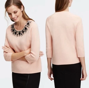 ANN TAYLOR JEWELED NECKLINE 3/4 SLEEVE WOOL SWEATER SZ LG - Picture 1 of 3