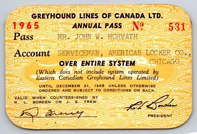 Greyhound Lines of Canada 1965 Annual / Yearly Bus Pass #531 - Image 1 of 2