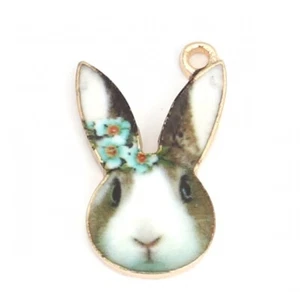 5 Easter Bunny Rabbit with Daisy Flower Design Charm Pendants with Enamel Detail - Picture 1 of 2