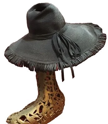 40s 50s Black Raffia Hat Wide Brim Straw Stir Baer & Fuller Dress Tilt - Image 1 of 4