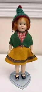 VTG Knickerbocker Plastic Co. Doll w Red Hair Green Hat Green and Yellow Dress  - Picture 1 of 10