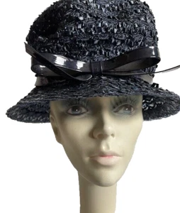 Women's Vintage Clover Lane Navy Blue Straw Hat - union made - Picture 1 of 6