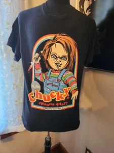 Camiseta Child's Play Chucky Adulto Grande Negra Oficial ¿Quieres Jugar? Good Guys - Imagen 1 de 2