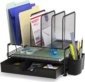 Mesh Desk Organizer w/ Sliding Drawer, Double Tray and 5 Upright Sections, Black - Picture 1 of 11