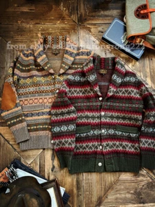 American Vintage Fair Isle Green Collar Cardigan 918G Heavy Wool Coat - Picture 1 of 26